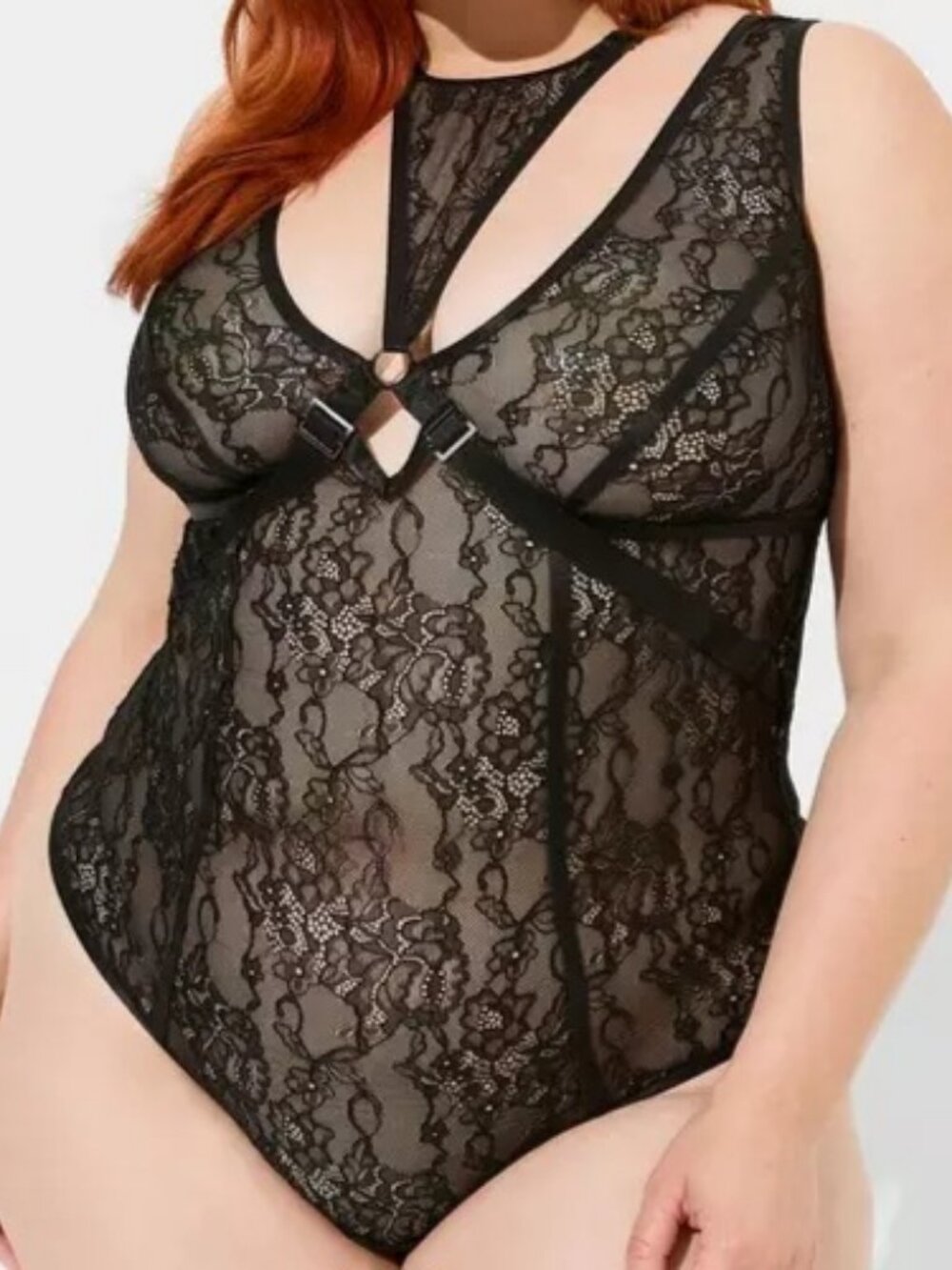 Torrid 2 2X 18-20 Black Lacey Bondage Bodysuit with Neck Harness Sheer Thong